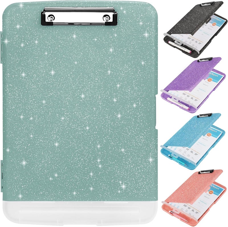 SFLHHDM Glitter Clipboard with Storage,Storage Clipboard with Pen Holder,A4 Binder Clip Boards 8.5x11 with Low Profile Clip,Side Opening Sparkle Clipboards, Clipboards Folder for Office Supplies-Grayish Green - Image 1